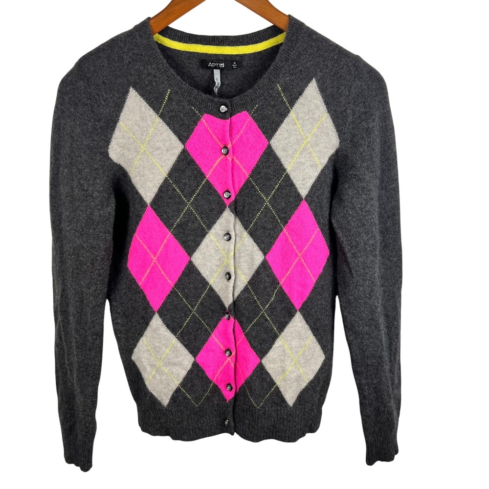 100% Cashmere Argyle Cardigan Medium Grey Pink Preppy Academia Teacher Layers
